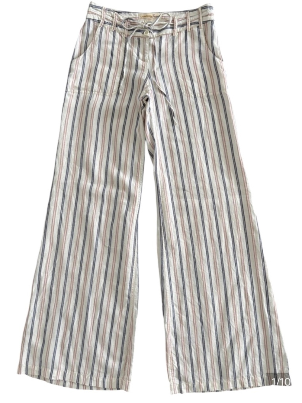 London Jean Marisa 100% Linen Striped Wide Leg Pants Belted Size 2